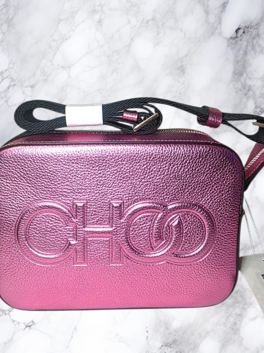 Jimmy Choo NWT Metallic Pink Camera Bag Leather Crossbody Auth Card Dust Bag